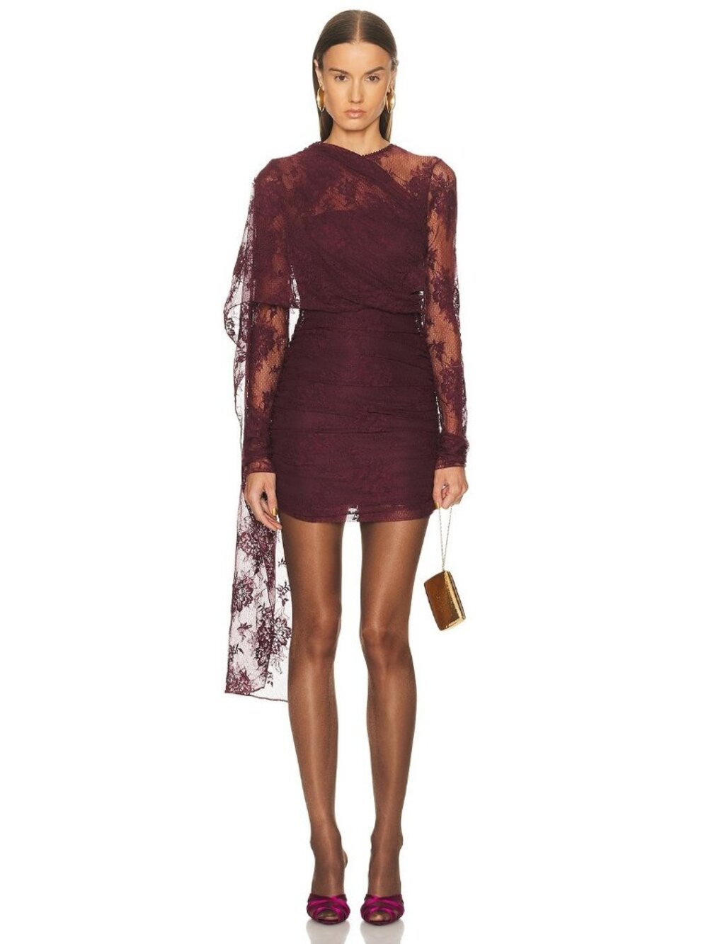 The Andamane Xenia Lace Cape Effect Mini Dress in Cabernet